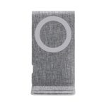 A grey wireless charger with a textured finish and a circular design element. It has a simple, modern look.