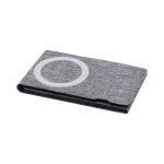 A grey wireless charger with a simple circular logo design, featuring a textured fabric finish.