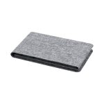 A grey fabric wallet with a simple, minimalist design, featuring a fold-over style.