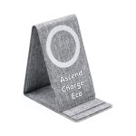 A grey wireless charger with a vertical design and a circular charging area. It features a logo on the front.