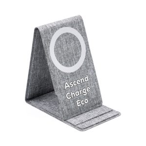 A grey wireless charger with a vertical design and a circular charging area. It features a logo on the front.
