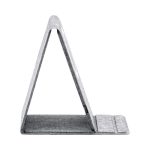 A triangular wireless charger in grey fabric, designed to hold a phone upright while charging.