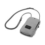 A grey eco-friendly bag with a black strap and a logo, designed for carrying small essentials.