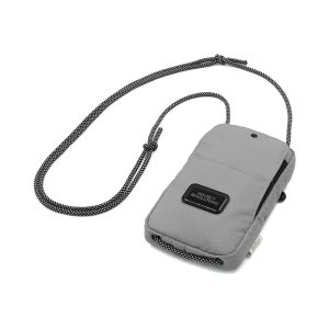 A grey eco-friendly bag with a black strap and a logo, designed for carrying small essentials.