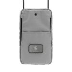 A grey eco essentials bag featuring a front pocket and a logo, designed for carrying small items.