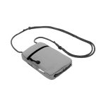 A grey bag with a black strap and a front pocket, featuring a logo on the side.