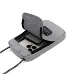 A grey eco essentials bag with a zippered closure and inner compartment, featuring a logo.