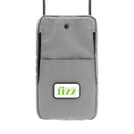 A grey eco-friendly bag with a front pocket and a logo, featuring a strap for carrying.