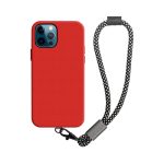 A red phone case with a black and white patterned wrist strap, featuring a metal clip and a logo.