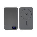 A grey Eco Magnetic Wireless Power Bank with a digital display and circular charging area, featuring a logo.