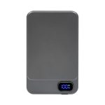 A grey power bank with a digital display indicating battery percentage, featuring a logo.
