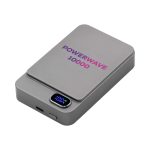 A grey wireless power bank with a digital display and a logo, featuring a sleek, rectangular design.