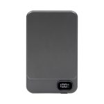 A grey magnetic wireless power bank featuring a digital display. It has a minimalist design and includes a logo.