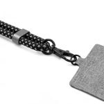 A black and grey textured phone strap with a clip attachment and a flat badge holder. Features a braided design.