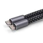A braided charging cable with two grey USB-C connectors on each end, featuring a black and grey woven design.
