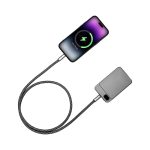 A fast charge cable in black with a textured finish, connected to a smartphone displaying a charging icon.