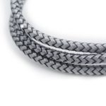 A braided charging cable in grey, featuring an eco-friendly design and a logo.