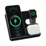 A wireless charging stand featuring a black finish, designed to charge a phone, smartwatch, and earbuds simultaneously.