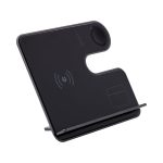 A black wireless charger with a sleek, modern design and an integrated stand for electronic devices.