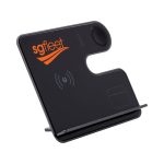 A black wireless charger stand with a logo, featuring a sleek design and multiple charging sections.