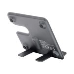 A grey wireless charger stand with three positions and a tapered design, featuring a logo on the back.