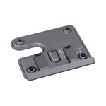 A grey wireless charging stand with multiple slots for devices, featuring a logo and round rubber feet.