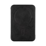 A black phone wallet with a circular magnet feature on the back. It has a textured surface and a simple design.