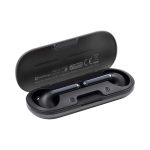 A pair of black Aria true wireless earbuds resting in a black charging case with a logo and branding.