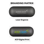 A black case for wireless earbuds featuring different printing options, including a laser engraving and a full-colour digital print.