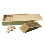 A bamboo box containing a set of dominoes and a deck of cards.
