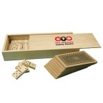 A wooden game box containing a set of dominoes and playing cards, branded with "The Ultimate Game Room."