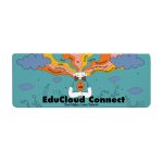 A colorful desk mat featuring illustrations of clouds and a character with vibrant rainbow streams, promoting "EduCloud Connect."
