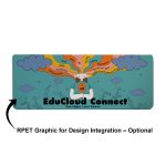 A colorful desk mat featuring clouds, a character with vibrant hair, and a logo. The background is predominantly blue.