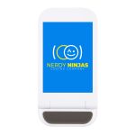 A white wireless charger featuring a blue screen and a logo with a smiley face and text.