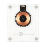 A crystal wireless charger with a copper charging coil, featured in a transparent casing. Includes a logo on the base.