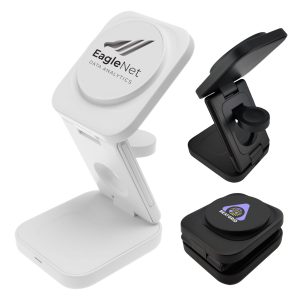 A white and black Spartan 3-in-1 wireless charger with a foldable design and a branding logo.