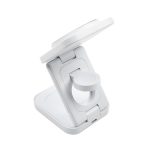 A white 3-in-1 wireless charger with an adjustable stand and a round charging pad. It includes a logo on its surface.