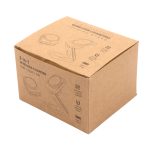 A brown cardboard box containing the Spartan 3-in-1 wireless charger, featuring illustrations and a logo.