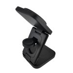 A black Spartan 3-in-1 wireless charger with a compact, adjustable stand and a circular charging pad.