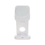 A white 3-in-1 wireless charger featuring a stand and a round charging pad, with a sleek modern design.