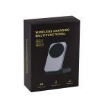 A sleek black box featuring a multifunctional wireless charger with a circular charging pad.