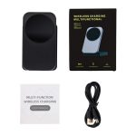 A black wireless charger, user manual, and a cable, displayed with packaging in the background.
