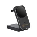 A wireless charger in black with a sturdy base and an elevated charging pad. It features a logo.