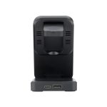 A black 3-in-1 charger with multiple ports and ventilation holes at the back. Features a simple, sleek design.
