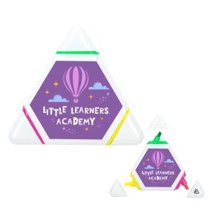 A triangular highlighter pack featuring pink, yellow, and green highlighters with a logo and a white outer casing.