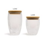 A drink bottle featuring clear double wall glass with a bamboo lid, displayed in two sizes.