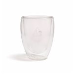 A double wall glass cup in clear glass with a faint logo, featuring a smooth, curved design.