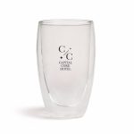 A double wall glass cup in clear with a logo on the front, designed for hot and cold beverages.