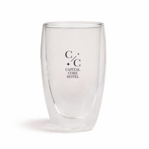 A double wall glass cup in clear with a logo on the front, designed for hot and cold beverages.