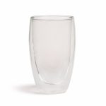 A double wall glass cup in clear glass, featuring a sleek, modern design and an interior that creates an insulated effect.